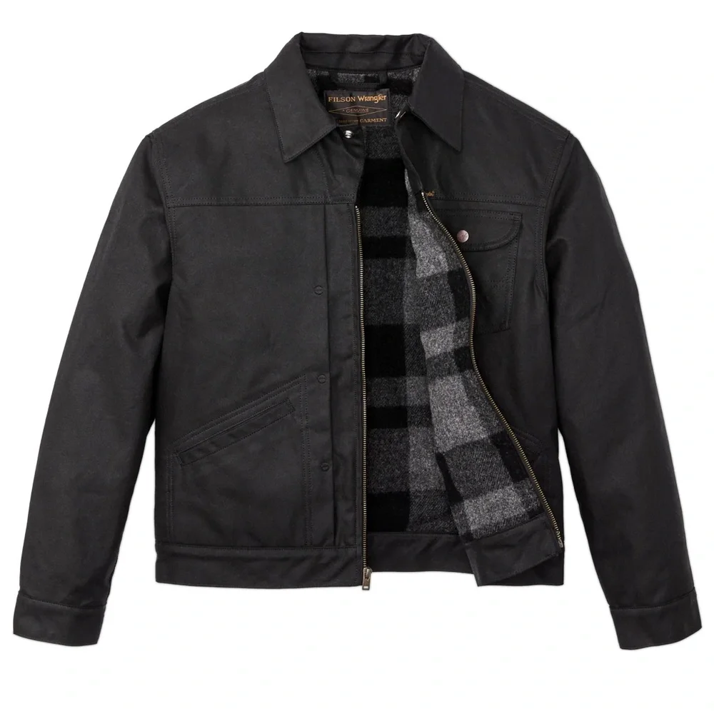 Filson Black Men’s Waxed Canvas Jacket with Gray Plaid Lining